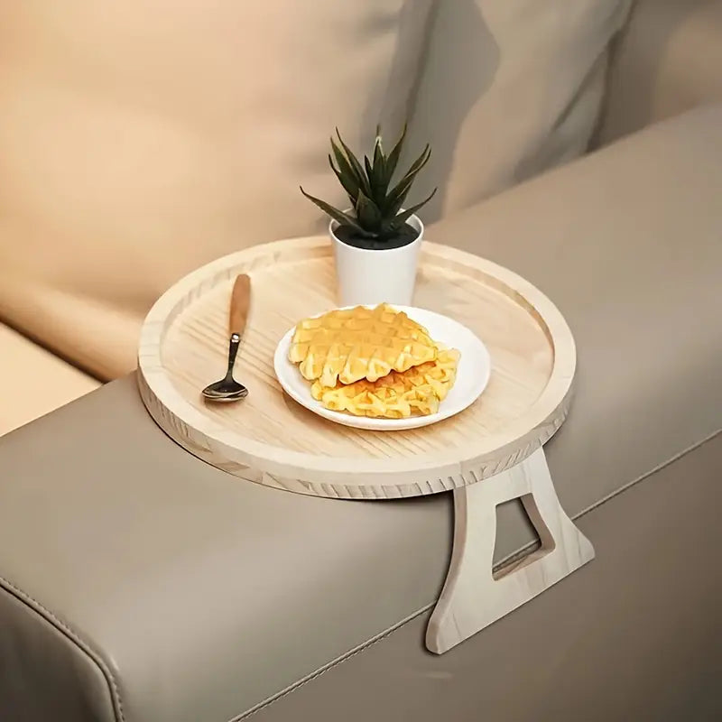 Foldable Sofa Armrest Tray - Wooden Round Plate Snack Table