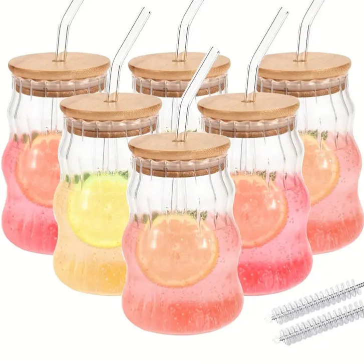 18.6oz Clear Glass Cloud Cups with Bamboo Lids & Straws